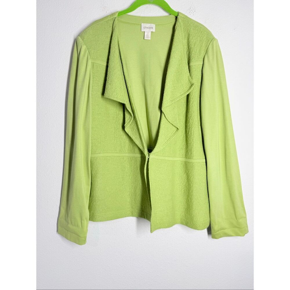 Chico's Size 2/L Wool Neon Lemon Green Ruffle Jacket Blazer Women Stylish Modern